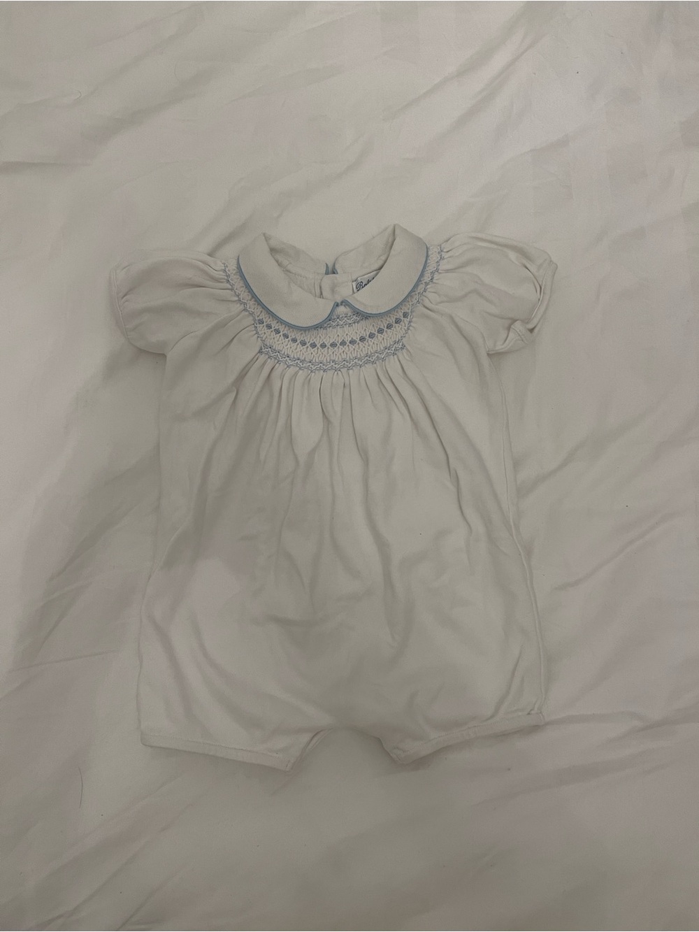 Ralph Lauren White Baby Smocked Romper with Light Blue Trim